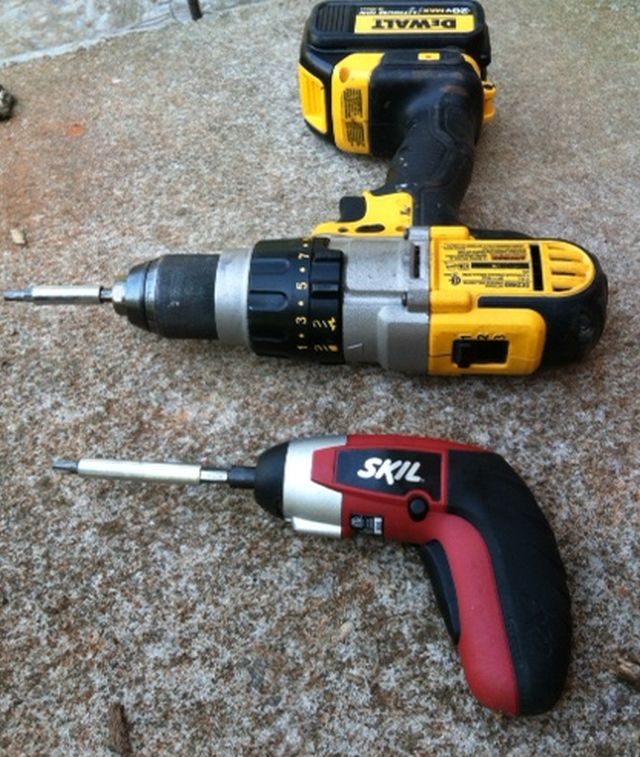 the small powered screw driver turns more slowly and with less torque - why strip bolt heads needlessly?