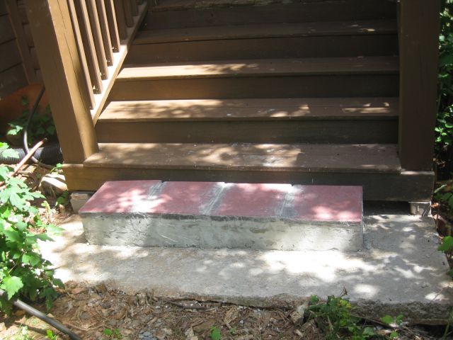 I made a simple mould, poured concrete which self-levelled and added 4 red flagstones, and the result (to me) is acceptable