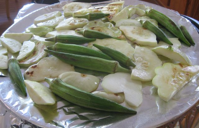 Pattipan squash and okra sprinkled with olive oil in a G Foreman grill. Delicious.