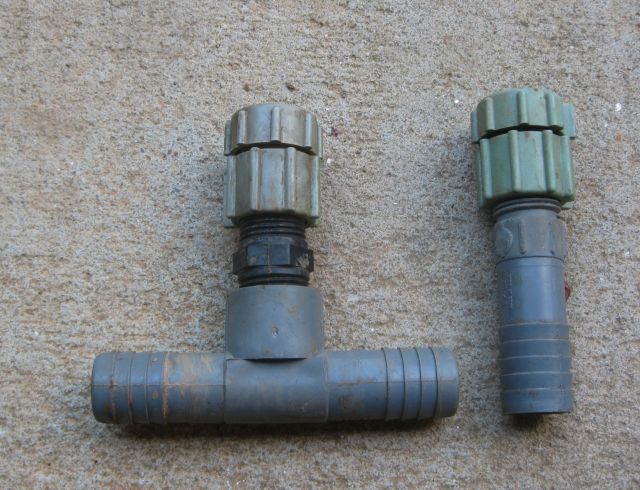 2 bubblers connected to 3/4" pipe connectors. The one on the right I use at the end of the pipe. The bubblers come with plastic filters which are helpful.